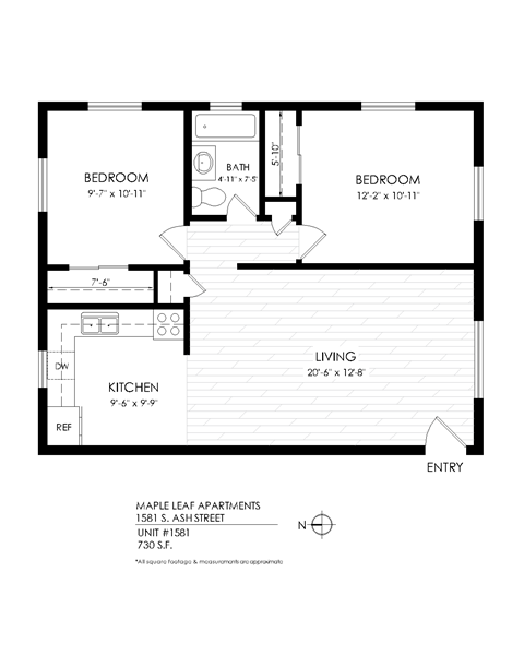 Floor plan for 2 beds, 1 bath, 730 sqft